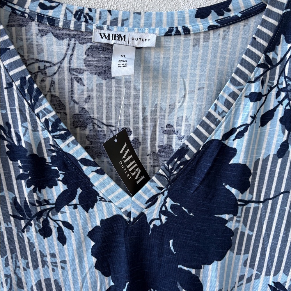 WHBM XL Floral V Neck Ruffle Short Sleeve NWT Blue Floral Stripe‎ Casual Travel - Picture 9 of 13